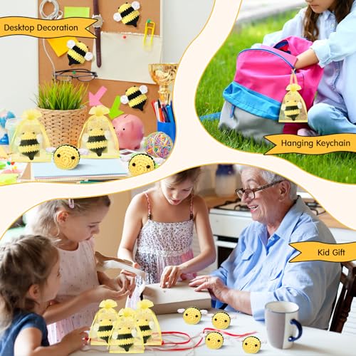 Image of HyDren 12 Sets Emotional Crochet Bee Encouraging Handmade Crocheted Honey Bee Gifts Collectible with Positive Card Organza Bag for Employee Coworker Volunteer
