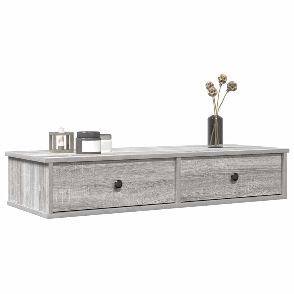 Homgoday Estante de Pared con cajones Madera contrachapada Roble Ahumado Estantería de Pared Colgante Flotante Almacenamiento Espacio Decoración Artículos Diarios en Familia