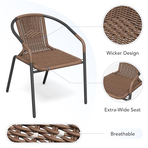 Image of UDPATIO Rattan Patio Dining Chairs Set of 4, Wicker Stackable Outdoor Chairs with All Weather Curved Back & Metal Frame, for Indoor Restaurant Porch Deck, Brown
