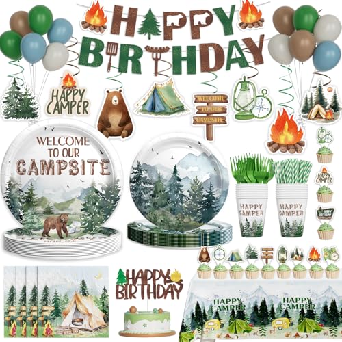 Hombae Camping Birthday Decorations 190PCs Welcome To Our Campsite Camper Party Supplies with Balloons Tablecloths Cupcake Cake Toppers Plates Napkins Forks Straws Service 24