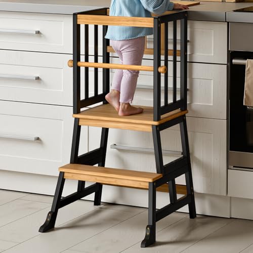 Image of COSYLAND Kids Kitchen Step Stool, Toddler Standing Tower with CPC Certification, Removable Anti-Drop Railing Safety Rail Unique Patented Design A Anti-tip Stable Structure 1.5-3 Years Natural & Black