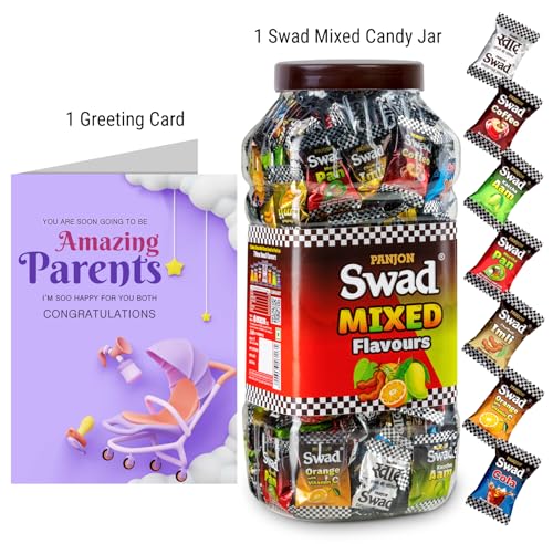 Image of Swad Pregnant expecting couple /to be parents Gift with Card (Swad Mixed Flavours Candy 200 Jar & 1 Greeting card) 2 units