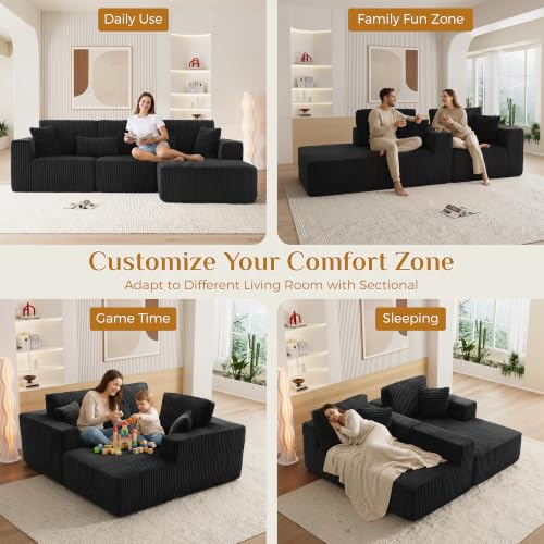 Image of 108 inch Boneless Cloud Sectional Couches for Living Room, Comfy Fluffy L Shaped Memory Foam Deep Seat Boneless Couch, Modular Sectional Sofa with Right Facing Chaise, Dark Black