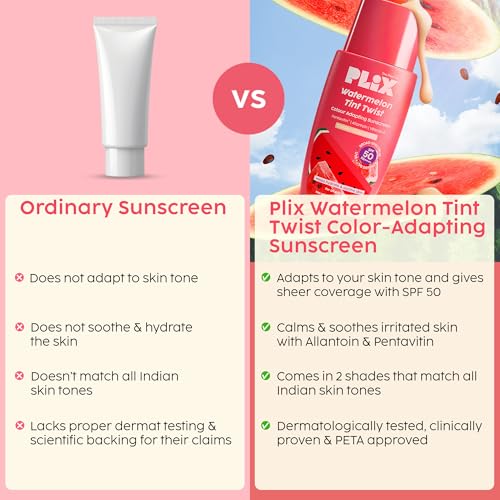 Image of PLIX THE PLANT FIX Watermelon Tint Twist Colour Adapting Sunscreen SPF 50++++ With New Age UV-Filters | In Vivo Tested | Broad Spectrum Protection | Lightweight, Non-sticky | Provides Sheer Coverage