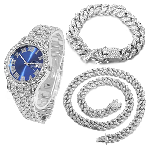 Halukakah Diamond Watch for Men - The Royal - 18K Real Gold/Platinum White Gold Plated & Handset Diamonds Iced Out,42MM Width Green/Blue/Red Dial Wristband 9.5”,Cuban Link Chain 8