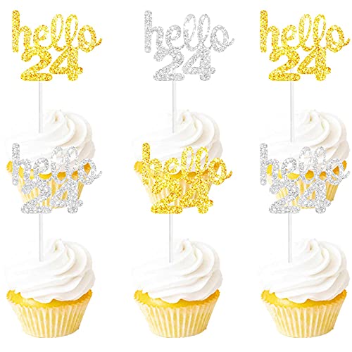 18PCS Hello 24 Cupcake Topper Picks for Birthday Party Cheer to 24 Days Months Years Theme Party Decoration Supplies Celebrating 24th Happy Birthday Decor Gold silver Glitter