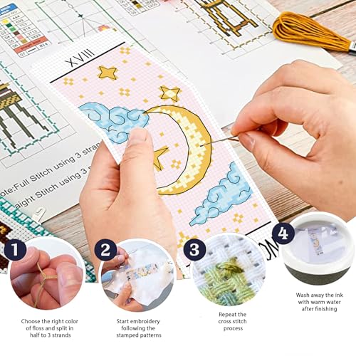Image of FREEBLOSS 6 Set Cross Stitch Bookmark Kit Stamped Cross Stitch Kit Tarot Cards Theme Embroidery Set with Instruction for Adults 8''*2.4''