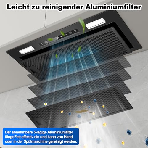 KICHPOWER Einbau Dunstabzugshaube 52cm, 750m³/h, Dunstabzugshaube Abluft/Umluft, Schwarz Abzugshaube, Gestensteuerung & Touch, 3 Leistungsstufen und Booster, mit Aktivkohlefilter und Rauchrohr