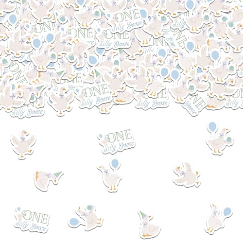 Image of 200Pcs Goose Confetti One Silly Goose 1st Birthday Table Scatters Blue Green Balloon Bow Gift Box Farm Animal Table Decorations for Boys First Birthday Party Supplies
