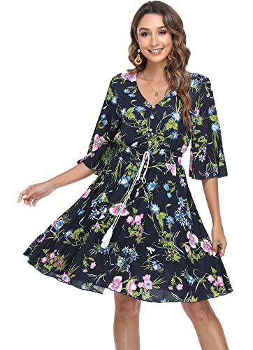 Image of VintageClothing Women's Floral Sundresses Flowy Boho Summer Beach Dress | Lightweight Breathable material,Elegant V Neck and Button Front Design,Flared Bell Sleeve Cut,Mini Casual dress