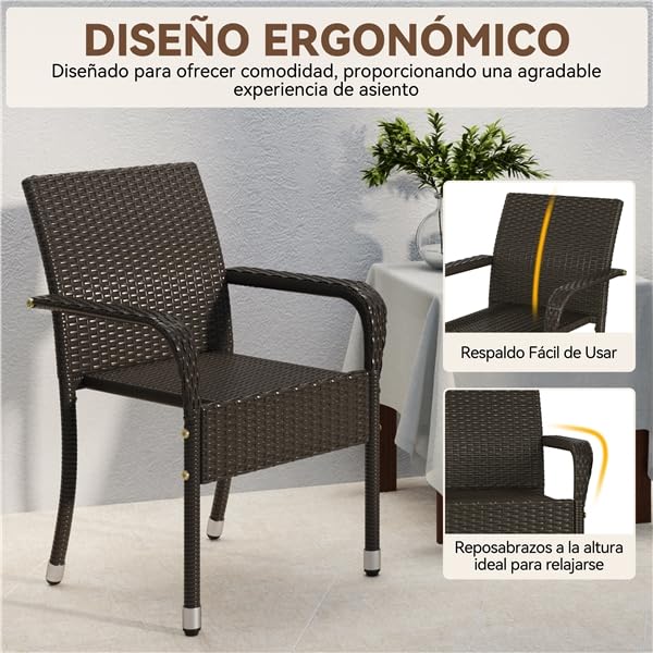 Yaheetech Sillas Jardín Exterior con Reposabrazos y Respaldo, Sillas Terraza Exterior Sillas de Balcón con Patas Ajustables para Jardín Balcón Terraza (3, Marrón)