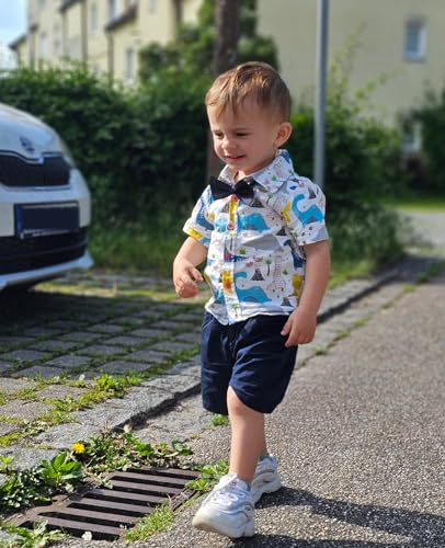 Image of Volunboy Toddler Boy Hawaiian Short Sets Short Sleeve Button Down Shirts Shorts Suit Kids 2 Piece Summer Clothes with Bow Tie