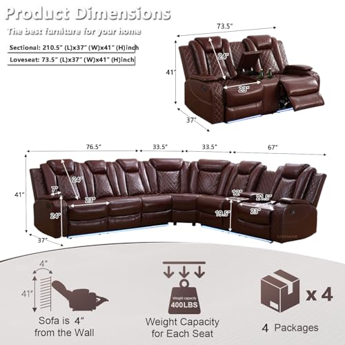 Image of Power Recliner Sectional Sofa Set with LED, Luxury Breathing Leather Sectional Reclining Corner Couch Set, L-Shaped Sofa Couch Set with Cup Holders /Storage for Living Room