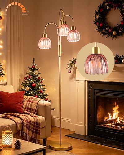 Image of 3-Light Glass Floor Lamp, 70 inch Gold Dimmable Standing Tall Lamp with Deep Red Glass Shades &3PCS 3000K Warm White Bulbs for Wedding /Party, Modern Tree Pole Lamp for Living Room Bedroom Home Decor