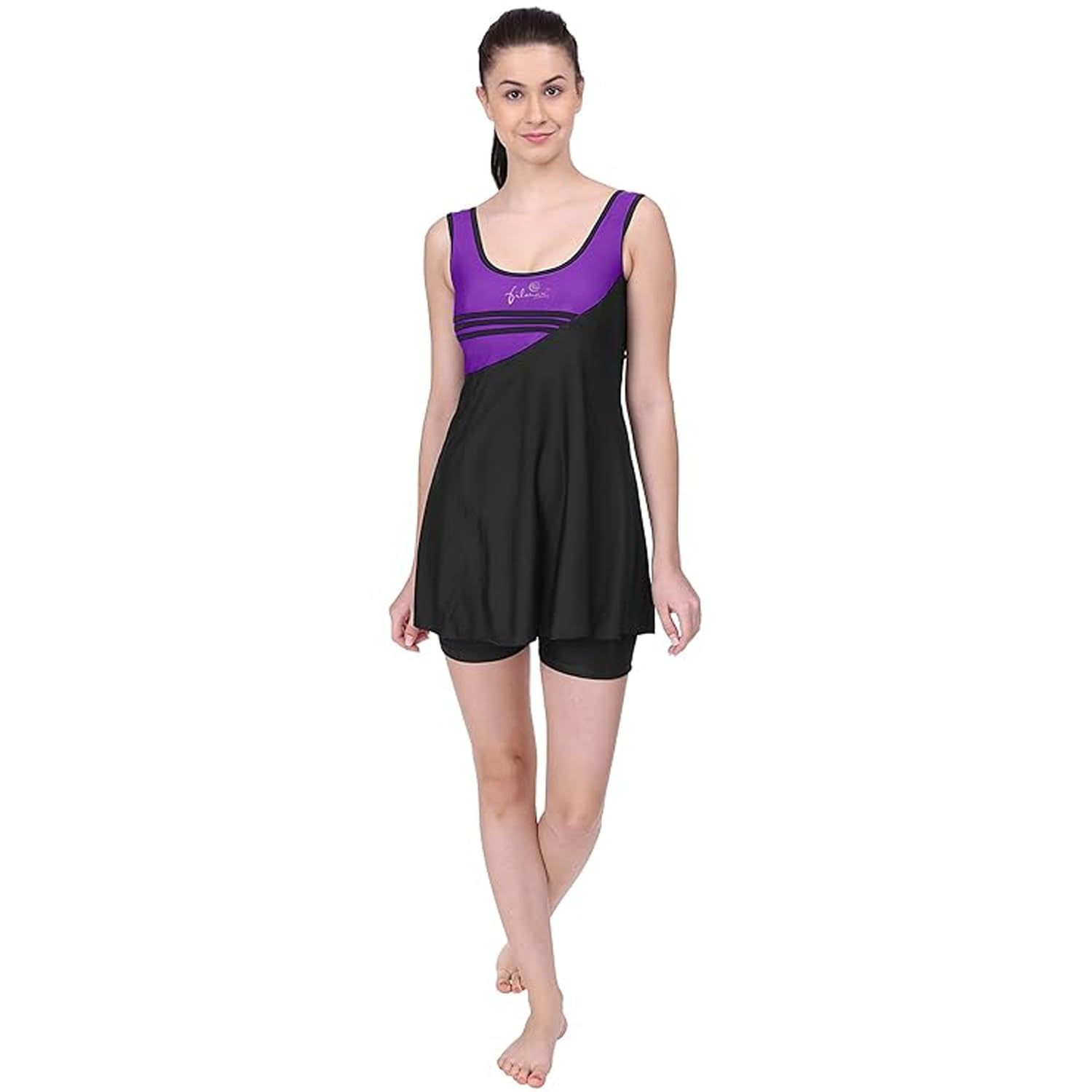 FILMAX® Originals Swimming Costume for Women's One-Piece Beach Wear Sleeveless with Skirted Boy Legs Jammer Swim Dress (Purple-Black_4XL) 4