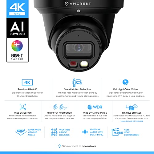 Image of Amcrest 4K Night Color AI Turret IP PoE Camera 49ft Full Color Nightvision, Security IP Camera, Built-in Microphone, Human Detection, Perimeter Protection, 129 FOV, 4K@15fps IP8M-2779EB-AI (Black)