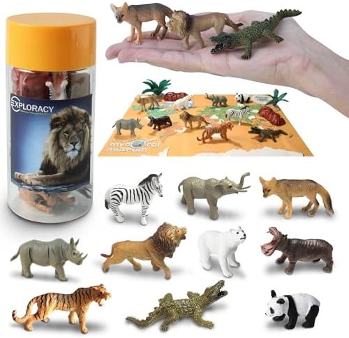 EXPLORACY 10pcs Mini Wild Animal Toy for Kids - Realistic Safari Figurines Jungle Zoo Playset Lion Elephant Tiger Forest Wildlife Animals Toys Sensory Bin Bath Play Christmas Birthday Toddlers Gift