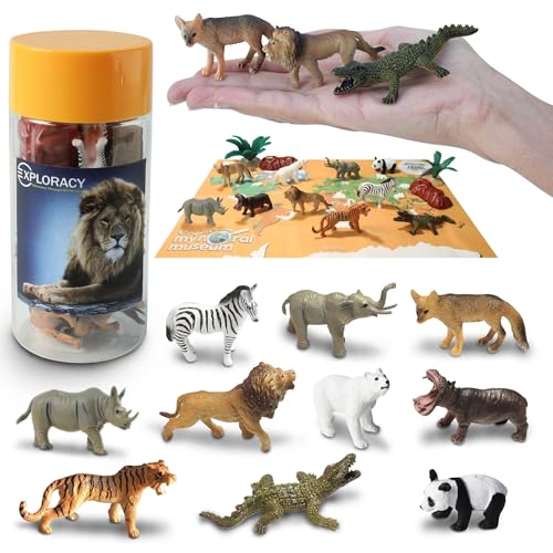 EXPLORACY 10pcs Mini Wild Animals Toys for Kids - Realistic Safari Figurines Jungle Zoo Playset Lion Elephant Tiger Forest Wildlife Animal Toys Sensory Bin Bath Play Christmas Birthday Toddlers Gift
