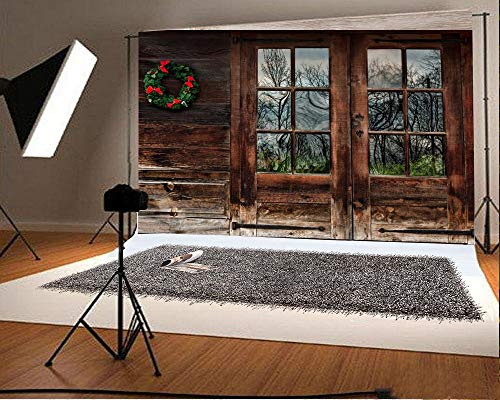 Laeacco 10x6.5ft Vinyl Backdrop Rustic Wood Cabin with Christmas Wreath Decoration Photography Background Old Wooden House Shabby Window Door Walls Background Adult Children Baby Photo Studio