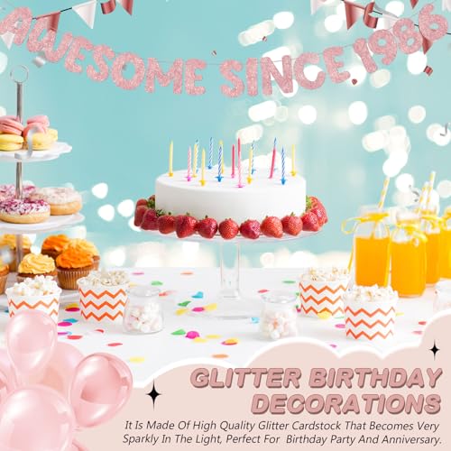 Image of Fulmoon Pre-strung Awesome Since 1986 Banner Glitter Happy 40th Birthday Banner Funny 40th Birthday Decorations 1986 Party Decorations for Men Women Anniversary(Rose Gold)