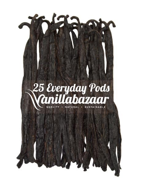 25 Everyday Madagascan Vanilla Pods | Grade A Vanilla Beans in Airtight Tin | Gourmet Sticks for Baking, 11-14cm long | 5 x 5 Vaccum Packs Inside | Vanillabazaar