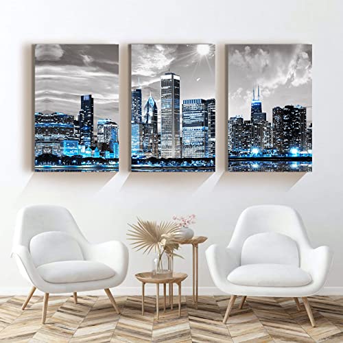 SERIMINO Chicago Skyline Wall Art for Living Room, Modern City Pictures Canvas Wall Decor for Office Bedroom 3 Pieces Set Night Scene Prints Paintings for Home 12"X16"