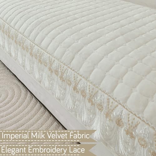 Image of HOKIPO 'BelleLace Series' Imperial Milk Velvet Sofa Cover Mat with Lace Design| Make Your Own Sofa Cover Set, Mat Length 90(D) x 60(L) cm, Pearl White (AR-5962-WHT)