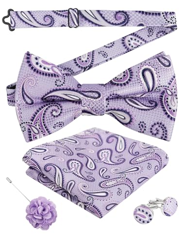 Image of Alizeal Mens 4pcs Vintage Paisley Bow Tie Set | Pre-tied Pocket Square Cufflinks Boutonniere for Wedding Everyday Use
