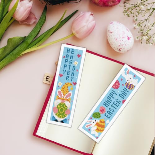 Image of INFUNLY 6pcs Easter Day Cross Stitch Bookmark Kits for Adults Beginners 8''x2.4'' DIY Rabbits Stamped Embroidery Bookmark Kits with Instruction Eggs Needlepoint Bookmark Kits for Easter Day Gifts