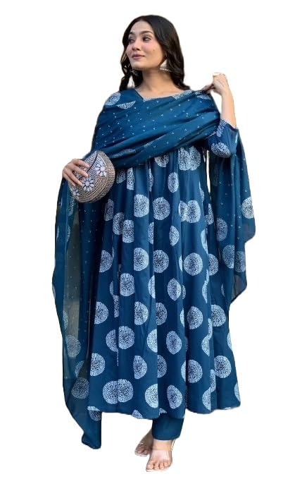 Nermosa Women Printed Anarkali Kurta And Pant Set With Dupatta | Suit Set | (In, Alpha, S, Blue)