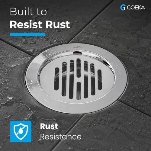 Image of GOEKA Round Lock Grating Stainless Steel Floor Drain 5 Inch | SS 304 Chrome Finish | Double Hole Locking Jali /Trap Floor Drain for Bathroom & Kitchen | Pack of 2