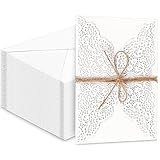 Glenmal 50 Pieces Wedding Invitations Cards Lace Flower Laser Cut with Blank Inner Sheet Envelopes and Hemp Rope for Wedding Engagement Birthday Bridal Shower Anniversary Invite, 7.1 x 5 Inch (White)