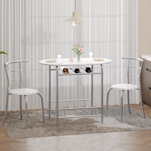 Image of VECELO 3-Piece Dining Table Set for Kitchen Breakfast Nook, Faux Marbled Oval Tabletop and Metal Frame with Built-in Wine Rack, for Small Spaces, White & Silver