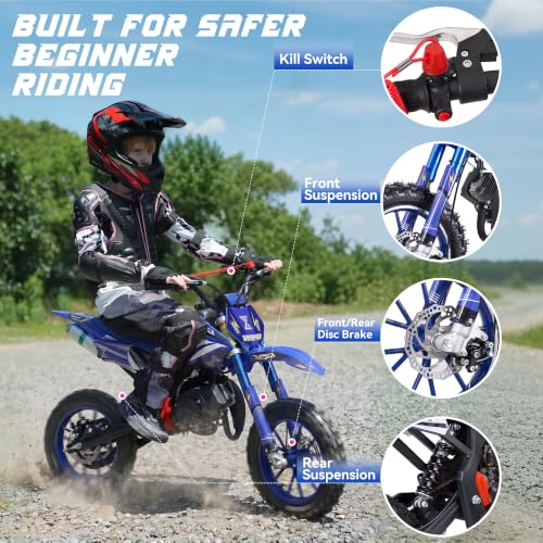 Image of 50cc Kids Dirt Bike, 2-Stroke Gas Powered Mini Dirt Bike for Kids 8-14, Off-Road Gas Dirt Bike with Disc Brakes, 2.50-10 Tires, Pull Start