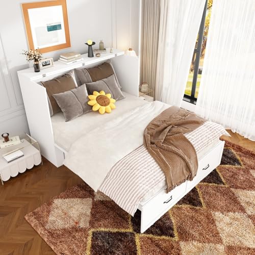 Image of FAMAPY Queen Size Murphy Bed with Charging Station & Drawer, Mobile Murphy Chest Bed, Black Handles, Space-Saving Murphy Bed White (81.5" W x 61.9" D x 43.6" H)