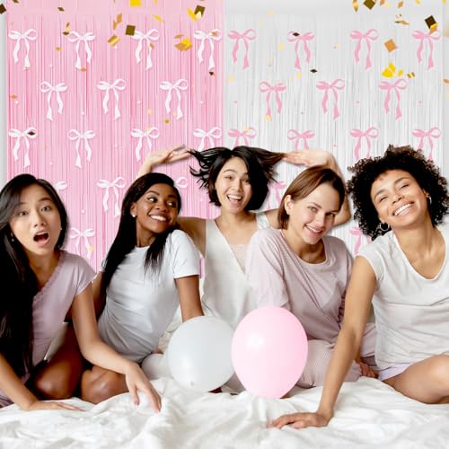Image of 4 Pack Pink Bow Party Backdrop Decoration Pink Bow Foil Fringe Curtains for Girls Bow Birthday Baby Shower Decorations Bridal Shower Bachelorette Party Decor Supplies 3.2ft X 8.2ft