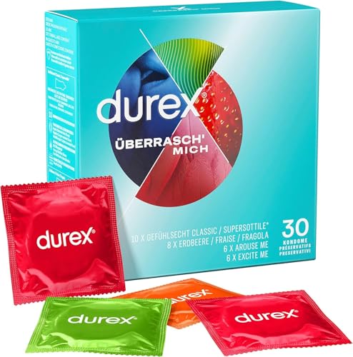 Durex Surprise Mix Kondome – Aufregende Vielfalt, praktisch & diskret verpackt - für sicheren Sex & extra Stimulation – 30er Großpackung