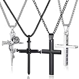 MAIBAOTA Cross Necklace For Men, 4 Pcs Black and Silver Stainless Steel Necklace Set, Mens Cross Pendant Necklaces Jewelry, 24 inches Chain