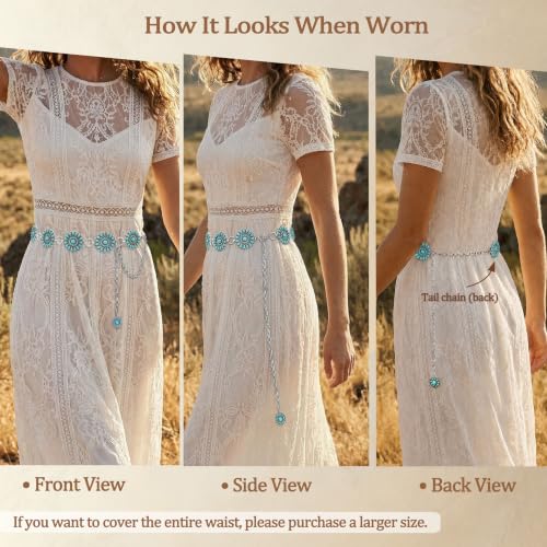 Image of Turquoise Chain Belt for Women, Western Cowgirl Concho Belt | Turquoise Concho Accents with Silver Chains for Western, Cowgirl, Rodeo, Festival and Denim Looks