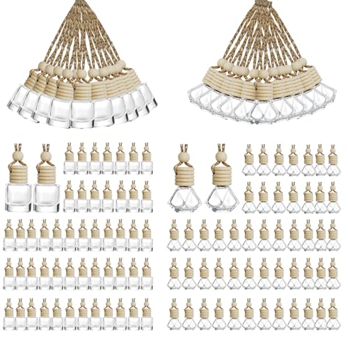 Image of 100pcs 8ml Hanging Car Air Freshener Diffuser Car Diffuser Bottles,Empty Refillable Clear Glass Essential Oil Fragrance Perfume Pendant Glass Vials with Wooden Caps Car Diffuser Air Freshener