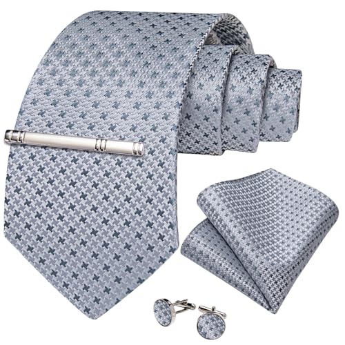Image of DiBanGu Mens Silk Necktie Solid Color Tie and Pocket Square Cufflink Tie Clip Set Woven Plain Ties for Men Wedding Party