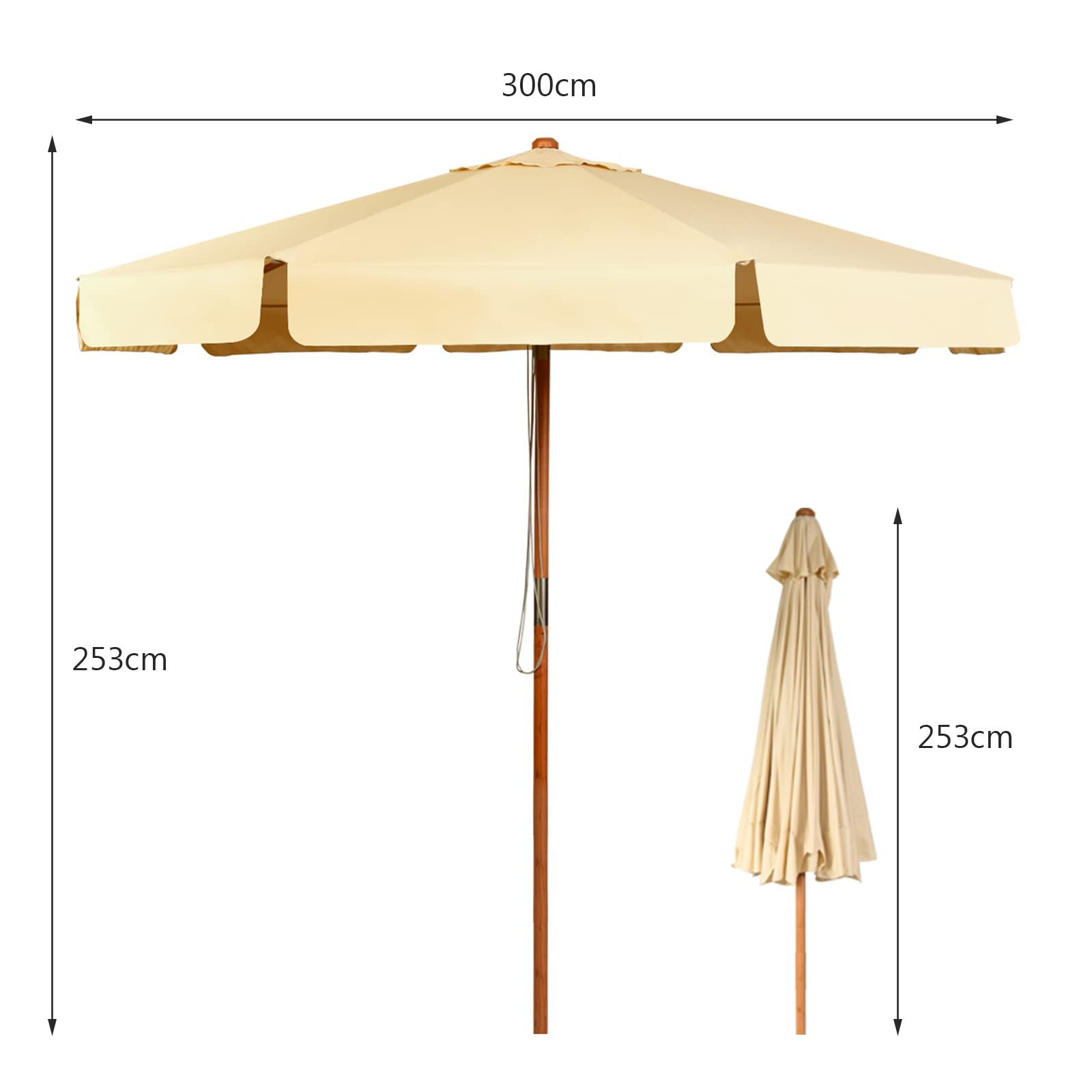 KOMFOTTEU Ombrellone da Giardino 3 m Regolabile in Altezza | Parasole in Legno di Faggio, con 8 Montanti, Manovella con Angolo Inclinazione 30°, senza Base, Beige