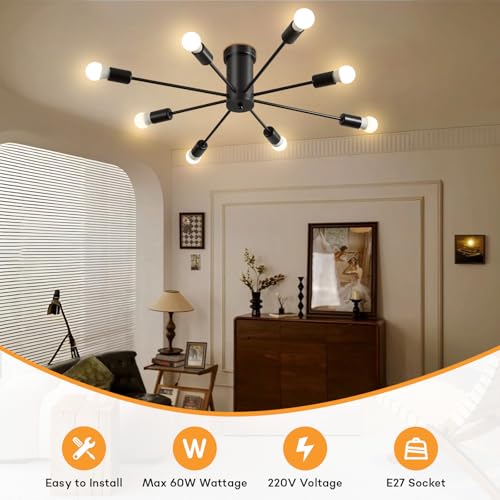 Lightess 8-Flammig Sputnik Kronleuchter Schwarz Vintage, E27 Industrielle Deckenleuchte Metall Ø78cm, Retro Lampe ohne Birne für Wohnzimmer Küche