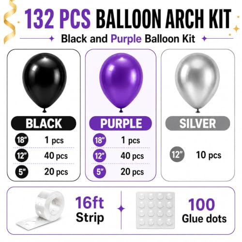 Image of Black and Purple Balloons - 132pcs 18'' 12'' and 5'' Purple Black Balloon Arch Kit with Metallic Silver Balloons for Birthday Party Halloween Graduations Corporate Event and Gaming Night