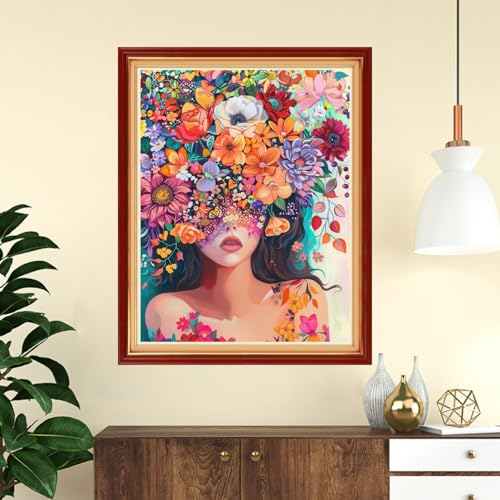 Image of Funchey Stamped Cross Stitch Kits, DIY Cross Stitch Pattern for Adults Beginners Needlepoint Kits Embroidery Kit Arts and Crafts 11CT-Girl Flowers 16x20 inchs