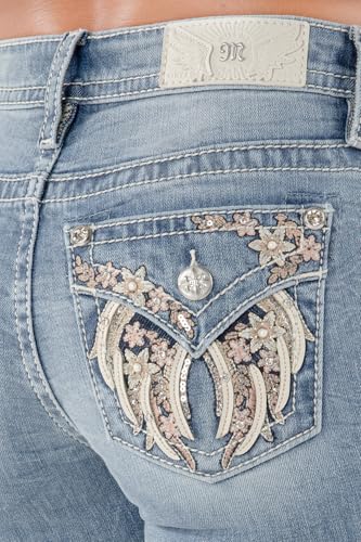 Miss Me Women's Floral Wing Embellished Faux Flap Pockets Mid-Rise Bootcut Jeans4