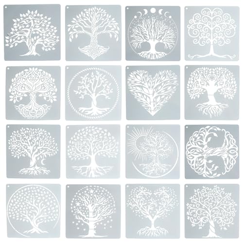 16 plantillas de árbol de la vida, plantillas de plantas naturales, plantillas para manualidades, lavables y reutilizables, plantillas de árbol de la vida para pintar en madera, pared, suelo, muebles