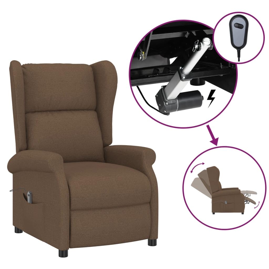 Sillón Orejero Reclinable Eléctrico Tela Marrón con Motor y Control Manual, 3 Posiciones de Reclinado, Asiento Acolchado y Estructura de Madera y Metal para Sala de Estar