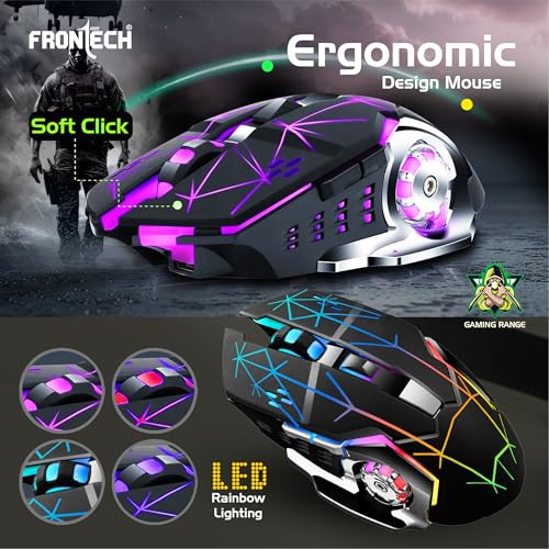 Image of FRONTECH Wireless Gaming Keyboard & Mouse Combo | Rainbow Backlit | 2.4GHz | 4800 DPI | Rechargeable | Type-C | 104 Keys | Windows /Mac /Android /iOS Compatible (KB-0025B)