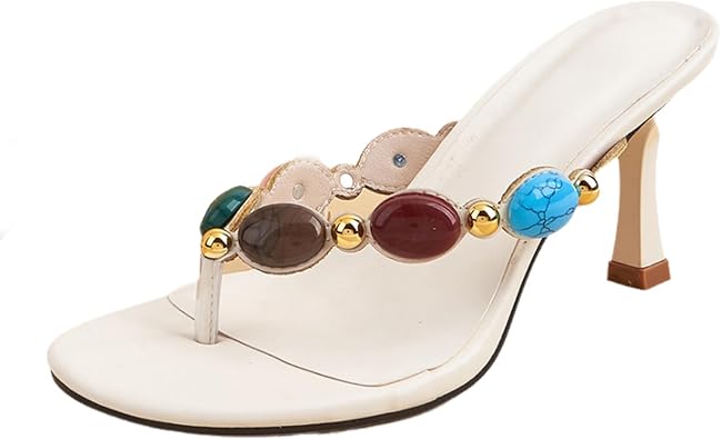 Womens Jeweled stiletto Flip Flops Sexy Slip on Comfortable heel Strappy Thong Sandals Summer Round open toe wedding party dress mules